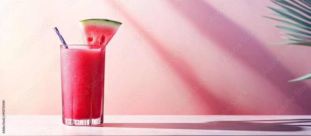 Leinwandbilder A glass of fresh watermelon smoothie on a light colored table. with copy space image. Place for adding text or design