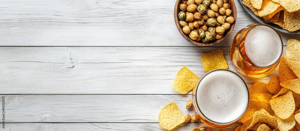 Poster Background with beer and snacks Hops beer chips and nuts Set against a white wooden backdrop Copyspace available for text Top view