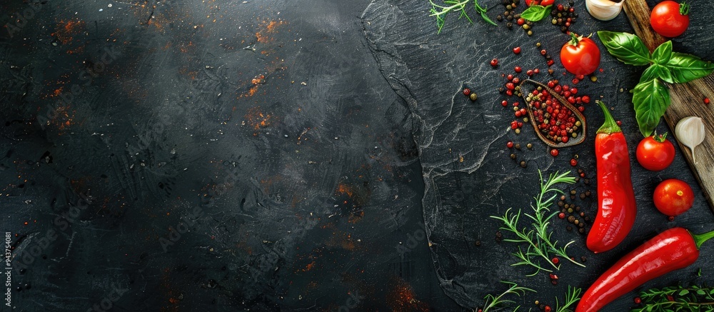 Aufkleber cooking banner kitchen board with vegetables and spices set against a black stone background top vie