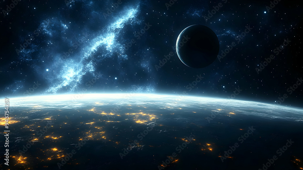 Poster a stunning view of a planet with a crescent moon and a glowing galaxy in the background.