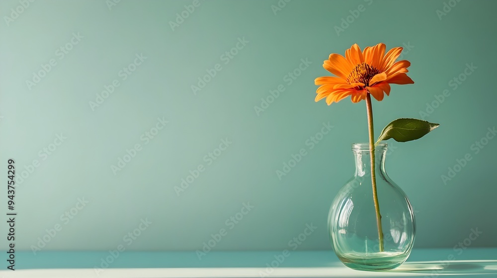 Poster a single delicate flower resting peacefully in a small glass vase set against a clean minimalist bac