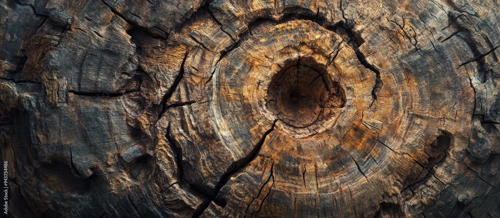 Aufkleber Close up of a large old tree stump Wood and bark texture Smooth cross section featuring cracks hollows indentations and growth rings. with copy space image. Place for adding text or design