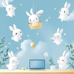 Cute rabbits engaging in playful activities around a laptop in a bright, cheerful setting.