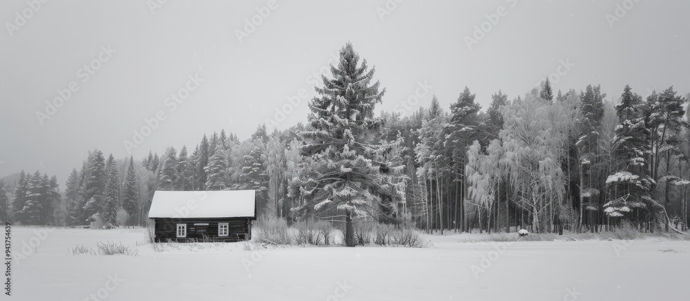Leinwandbilder black and white winter scenery featuring trees and a forest a barren tree without leaves a house and