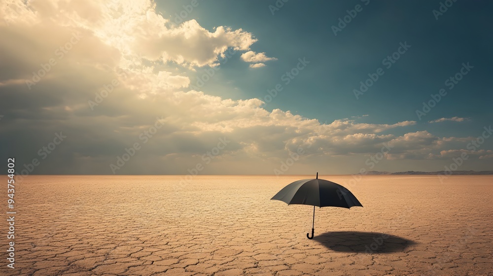 Poster a single lone umbrella standing in the middle of a vast empty and serene space providing a minimalis