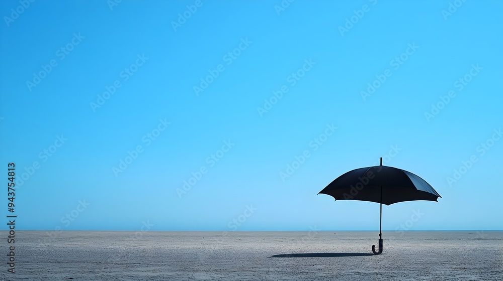 Poster a single open umbrella standing alone in the middle of a vast empty and minimalist landscape with pl