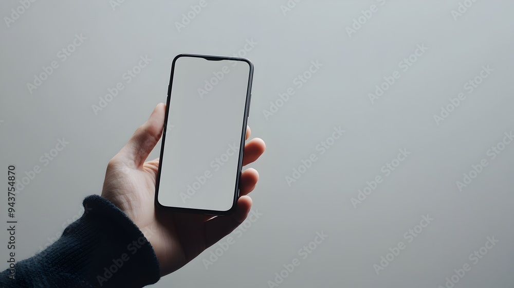 Poster single human hand holding a modern minimalist smartphone device with empty blank copy space area for