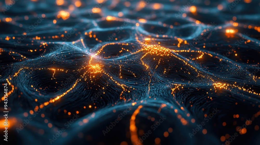 Poster abstract blue and orange 3d digital network background with glowing particles.