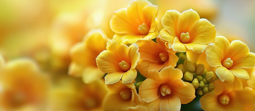 Yellow calanchoe blooms Yellow flowers against a yellow backdrop Close up Copy space