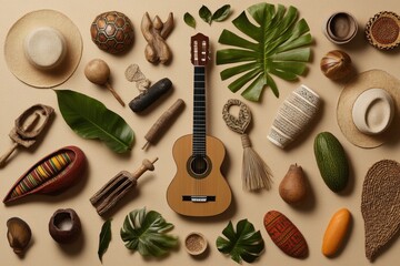 Cultural Symbols Collage: A collage of iconic Hispanic symbols like guitars, maracas, sombreros, and religious artifacts, arranged in a dynamic composition. 