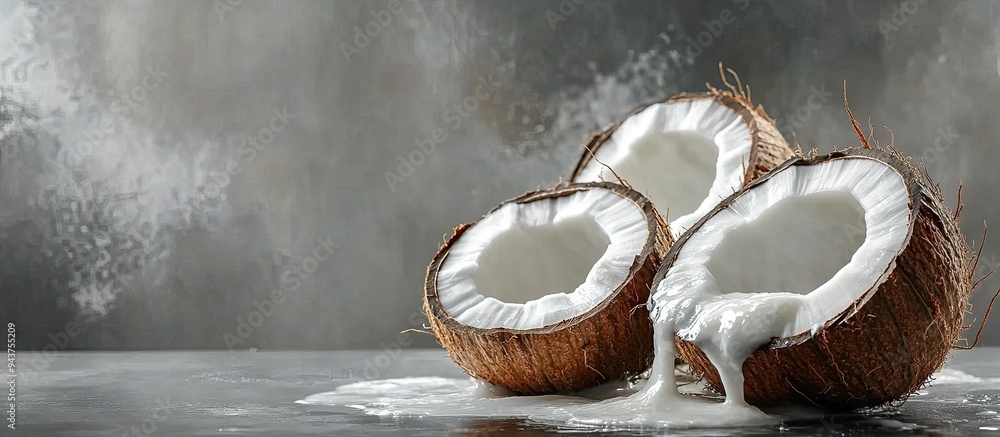 Leinwandbilder ripe coconuts against a gray background coconut cream and oil food. with copy space image. place for