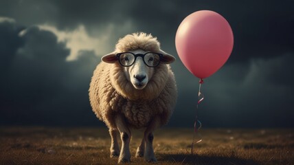A sheep wearing glasses holds a pink balloon, looking playful and cheerful.