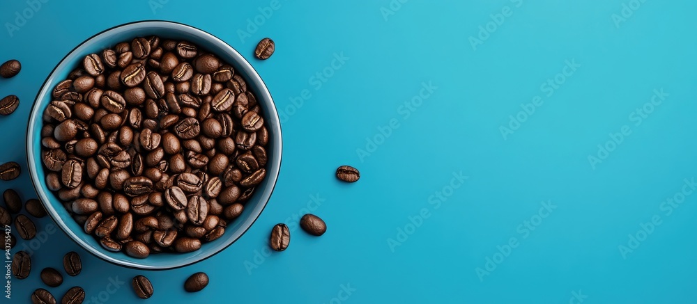 Leinwandbilder blue backdrop and coffee beans. with copy space image. Place for adding text or design