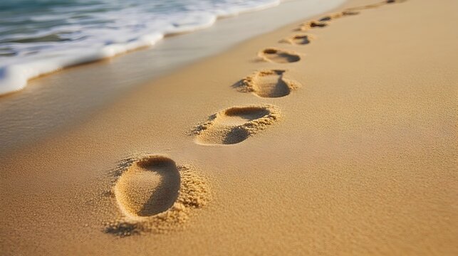 A single line of footprints leading across the serene sandy beach creating a minimalist and peaceful visual with ample copy space for text overlay or design element