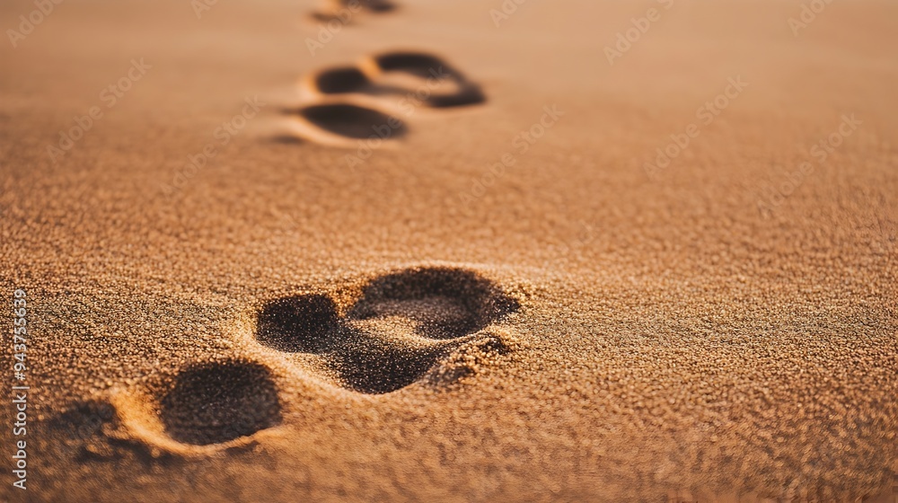Aufkleber a single line of minimalist footprint in the soft sandy seashore with the calm ocean waves lapping a
