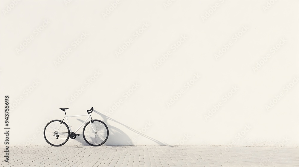 Poster a simple yet elegant image featuring a lone bicycle standing against a plain white wall with ample c