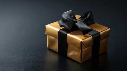 Luxurious golden gift box with a black ribbon on a table, perfect for birthdays, celebrations, surprises, and holidays. Adds a touch of love and romance