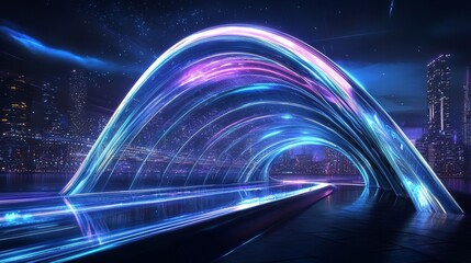 A glowing translucent bridge of pastel and monochrome light arches over an ethereal future city, reflecting advanced technology and elegance