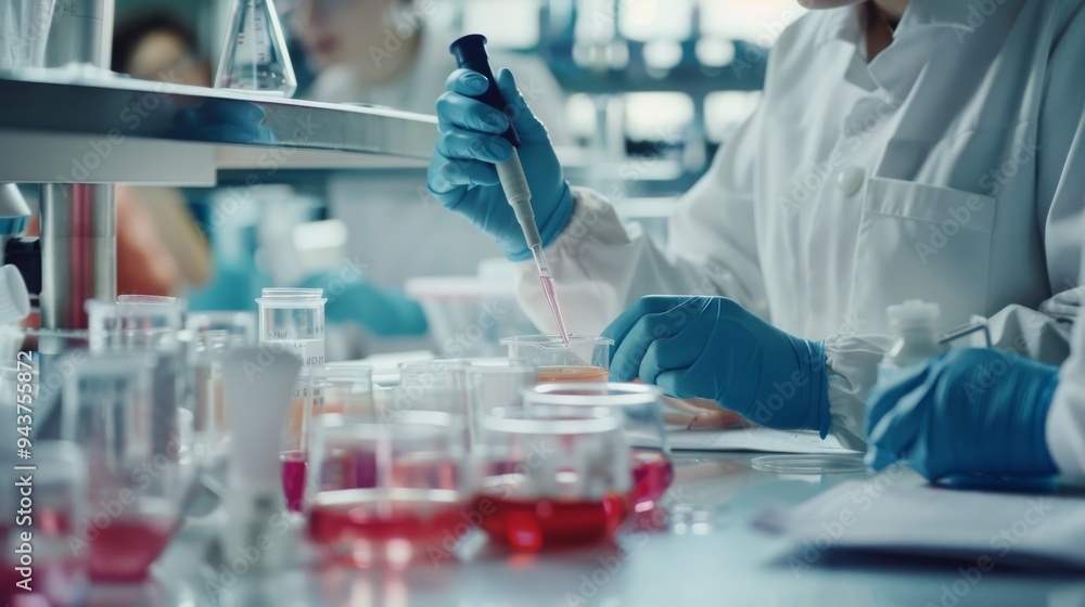 Poster Team of researchers conducting various laboratory tests and experiments, surrounded by scientific tools and materials.