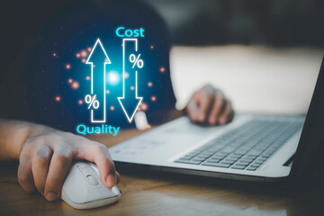 Quality control, Businessman showing cost with down arrow and quality with up arrow for business project management strategy have to control budget cost and improvement quality of product and service.