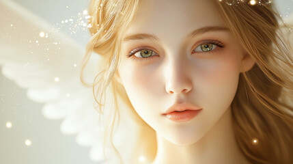 Fototapeta premium Young blonde woman is posing with white angel wings, emanating purity and grace. The soft lighting and delicate features create a sense of ethereal beauty