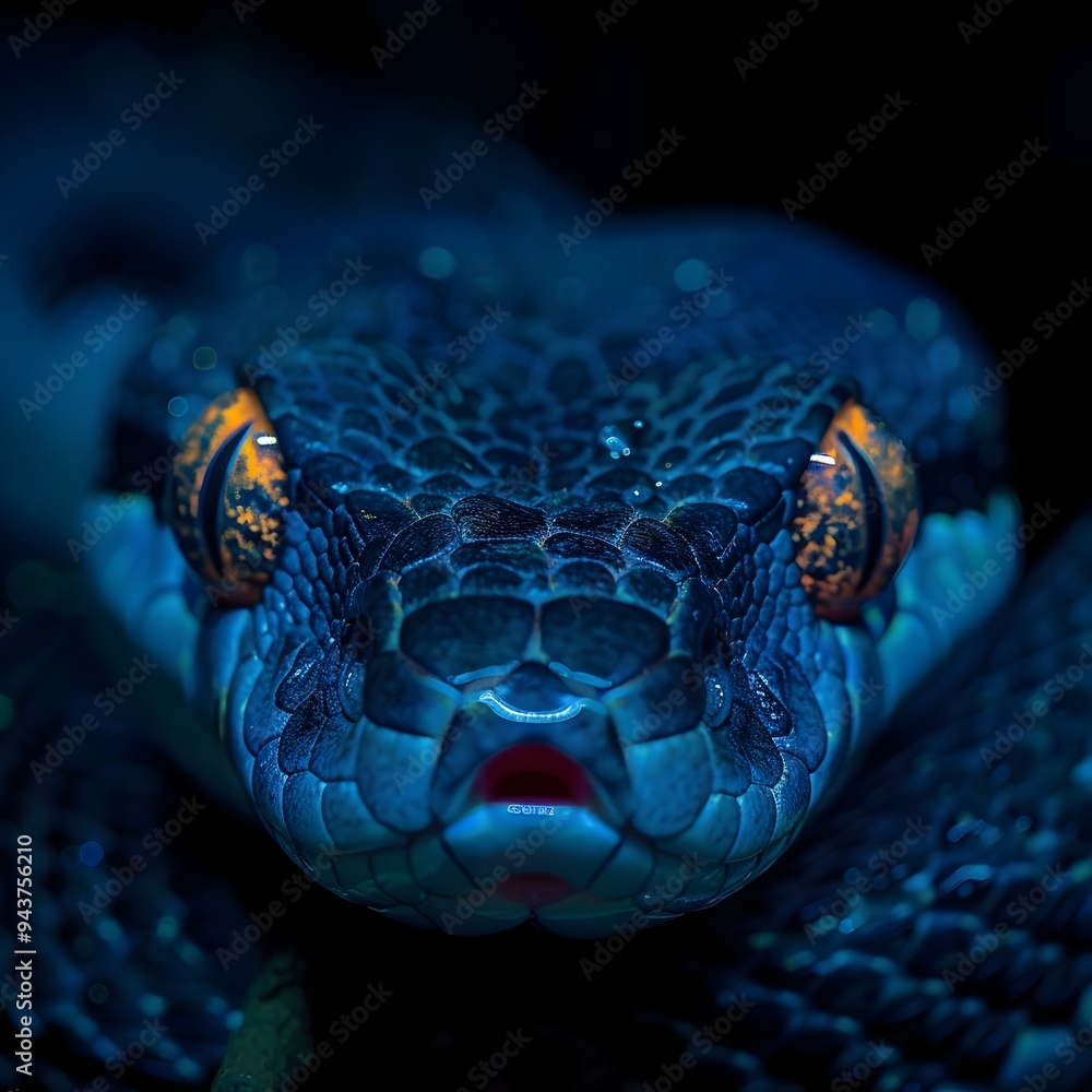 Poster mysterious snake lurking in dark cave with glowing eyes and intricate patterns