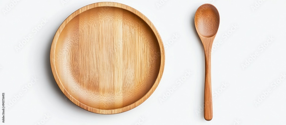 Poster an empty wooden spoon and plate on a white background featuring wooden dishware and tableware. with 