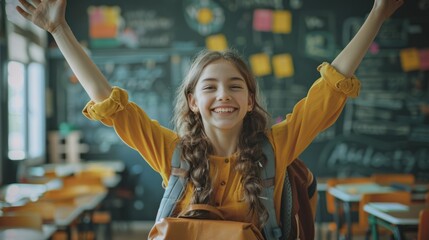 Fototapeta premium Joyful Schoolgirl Throwing Backpack in Classroom with Excitement