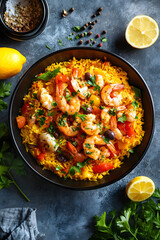 Photo of rice with seafood, paella, Mediterranean Diet