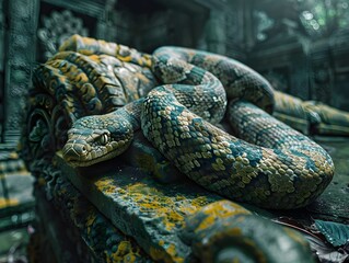 Fototapeta premium Coiled Snake Entwined in Decaying Ancient Stone Ruins and Artifacts