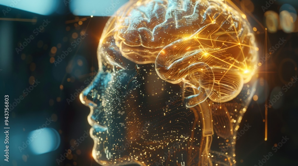 Poster transparent human head showcasing a luminous brain with pulsating lights, contrasted with a modern, 