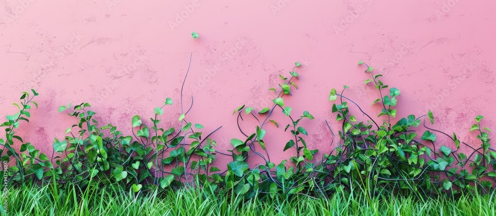 Poster green grass and vines on a pink wall nature backdrop can be used as wallpaper or copyspace for addin