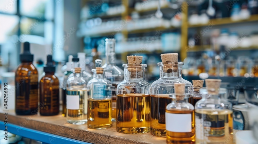 Poster Various chemical containers arranged neatly on a lab bench