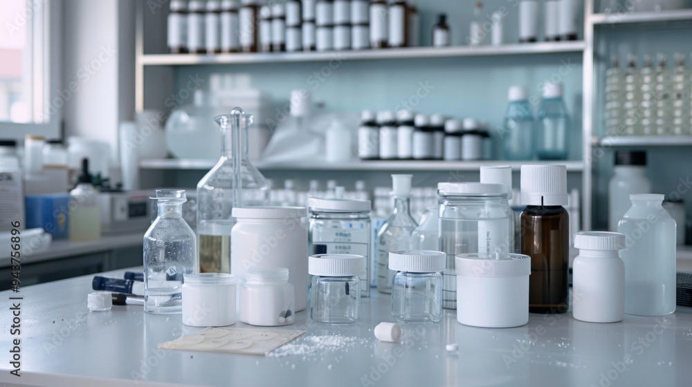 Poster Various chemical containers arranged neatly on a lab bench