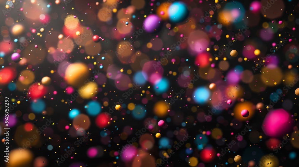 Poster vibrant multicolored particles floating in air with dark background