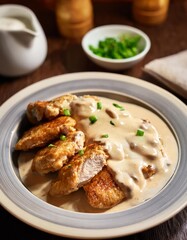 Baked chicken thighs in creamy sauce with parsley in a bowl