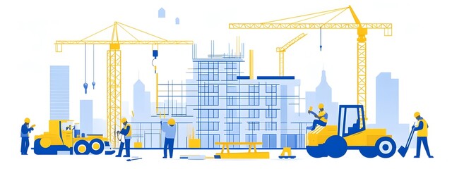 Obraz premium Vector illustration of a group of people working on a construction site, building a stairway and a modern yellow backhoe truck with a white background, in a flat design style with simple shapes