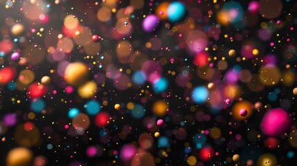 Vibrant multicolored particles floating in air with dark background