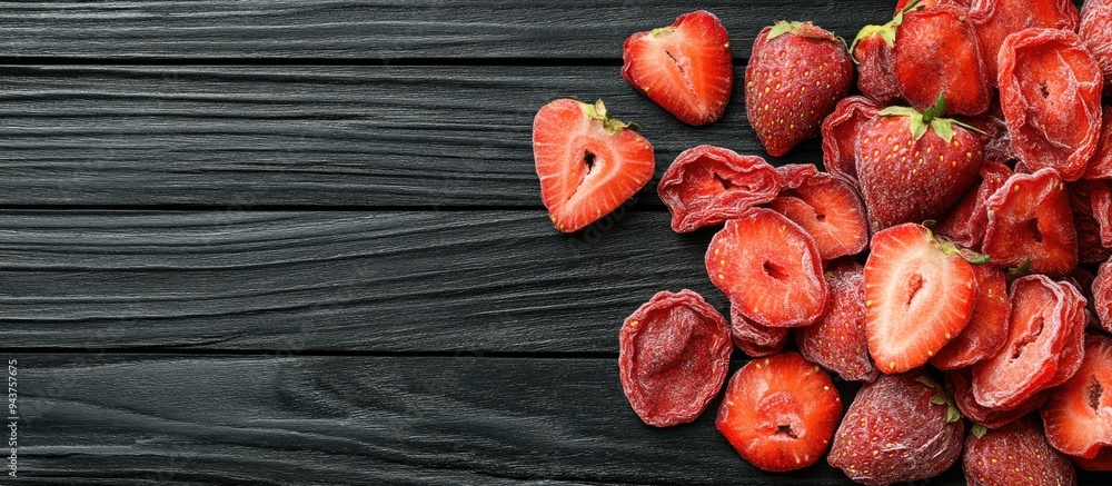 Leinwandbilder freeze dried and fresh strawberries on a black wooden table top view area for text. with copy space 