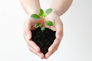 Plant in hands, young sprout, new plant growing in soil, organic farming, environment care, earth day