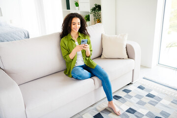 Photo of adorable charming girl wear khaki stylish clothes enjoy weekend vacation home house day light indoors