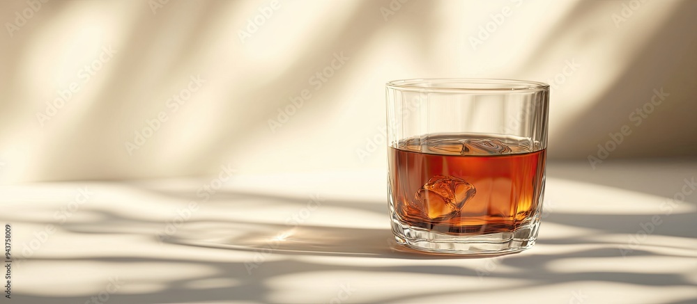 Poster A clear brown liquid in a glass on a light backdrop Selective focus. with copy space image. Place for adding text or design