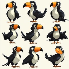 Obraz premium A collection of cartoon toucan illustrations in various poses and expressions.