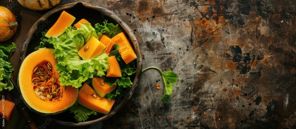 Poster pumpkin salad with green leaves and lettuce a healthy meal or snack ingredient displayed on the tabl