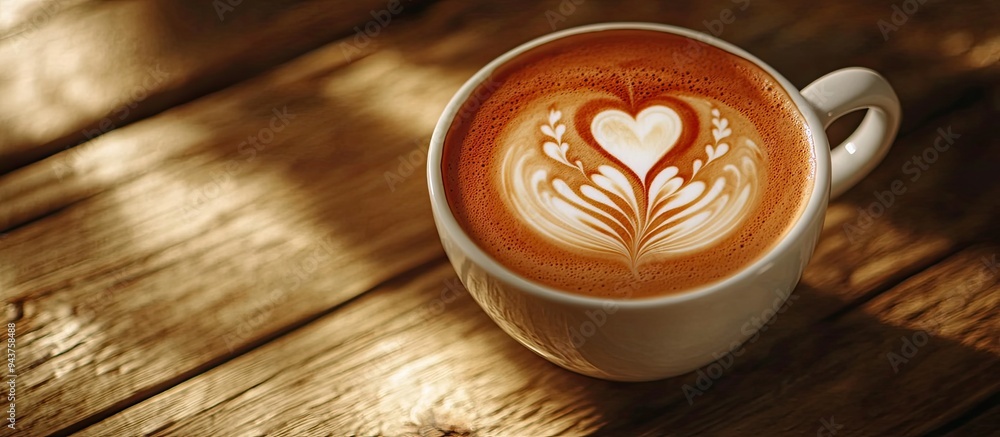 Leinwandbilder selective focus on a cup of coffee latte a flat white coffee mug placed on a wooden surface coffee a