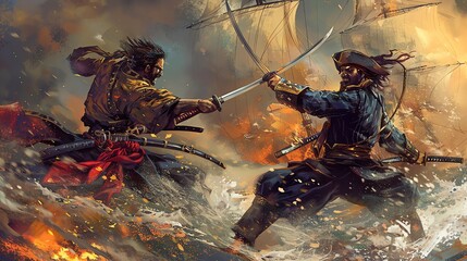 Fototapeta premium A samurai and a pirate face off in a sword fight.