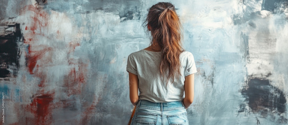 Aufkleber woman painting on the wall. with copy space image. place for adding text or design