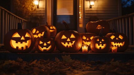 Obraz premium A group of carved pumpkins with different faces, illuminated by candles at night on a porch