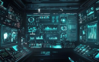 Fototapeta premium Futuristic Control Room with Multiple Screens Displaying Data and Information.