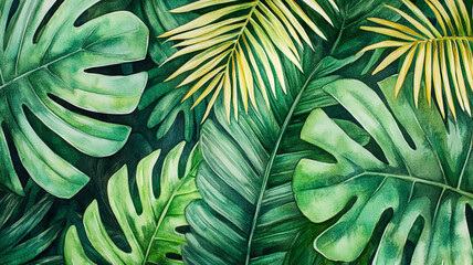 Vibrant green tropical leaves showcasing varying shapes and shades in a lush arrangement in natural habitat during daylight